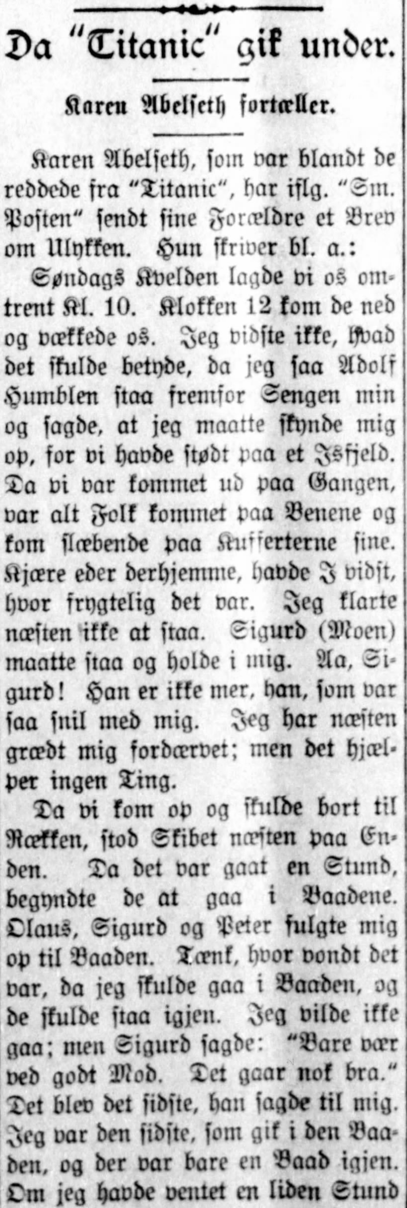 Norwegian newspaper clipping — Da Titanic gik under — Karen Abelseth fortaeller — 1912
