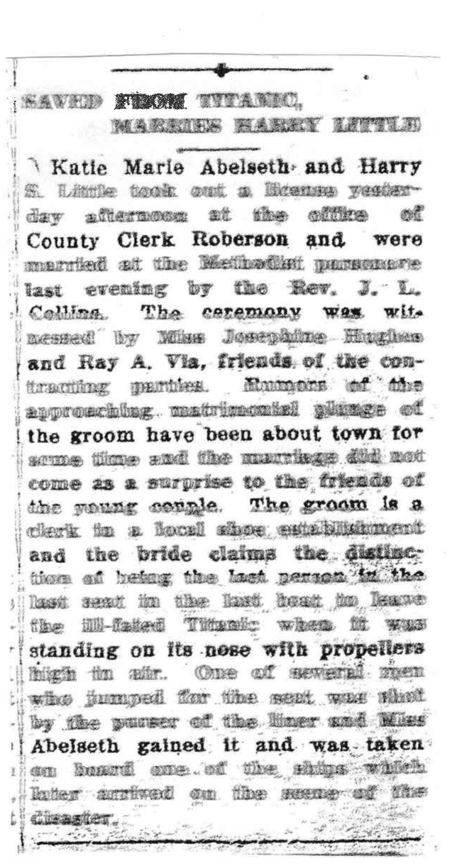 Original scanned newspaper clipping, Goldfield Daily Tribune, April 4, 1916, headlined 'Saved From Titanic, Marries Harry Little'